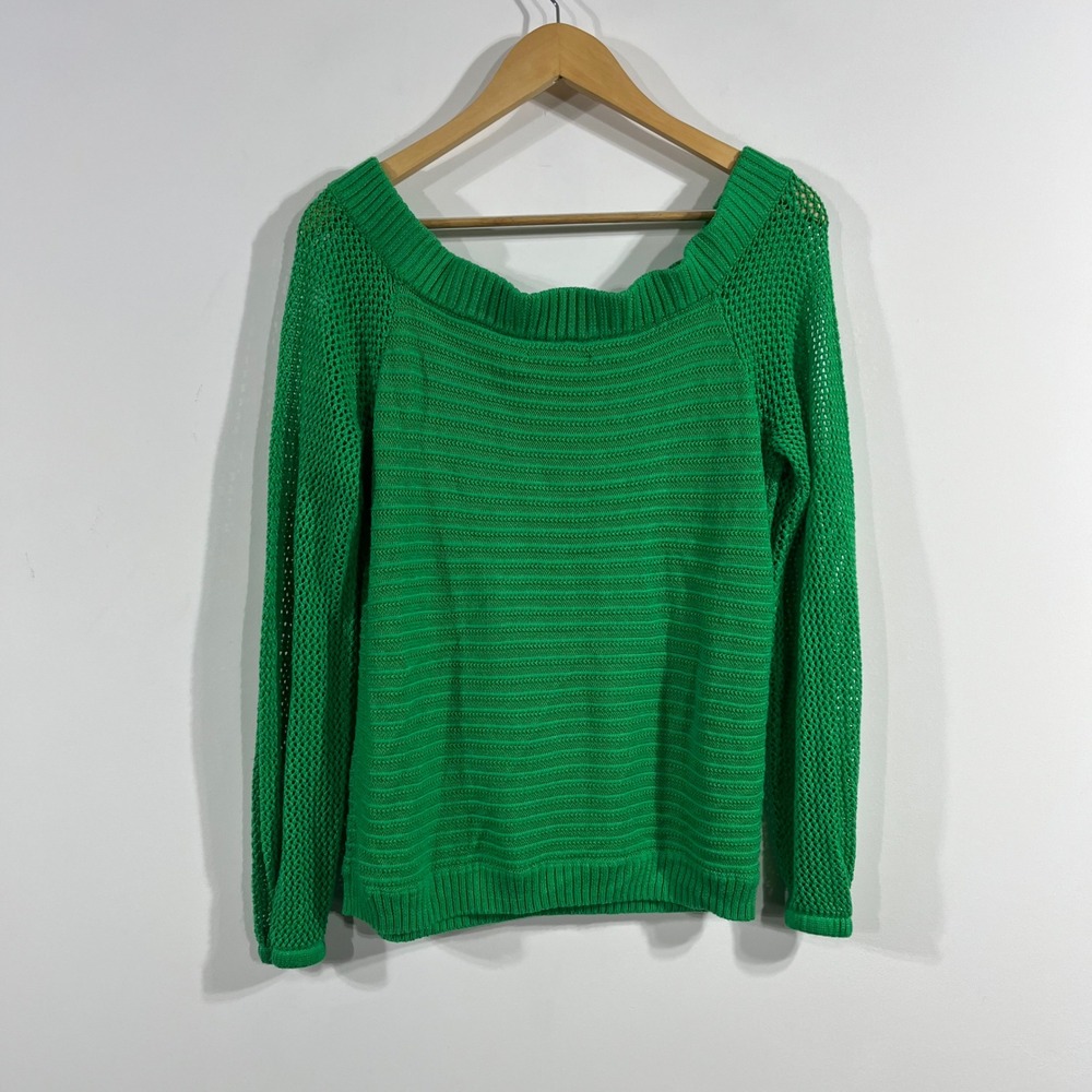 NY&CO Y2K Kelly Green Open Knit Sweater Preppy Old Money Indie Granola Large - Picture 3 of 9